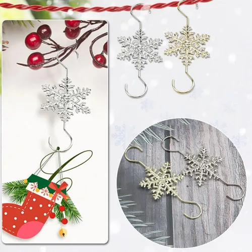 Vista 2 de Ganchos de adorno para decoración colgante, 20 ganchos dorados en forma de S de copo de nieve – Colgadores de árbol de Navidad con puntas de cuentas