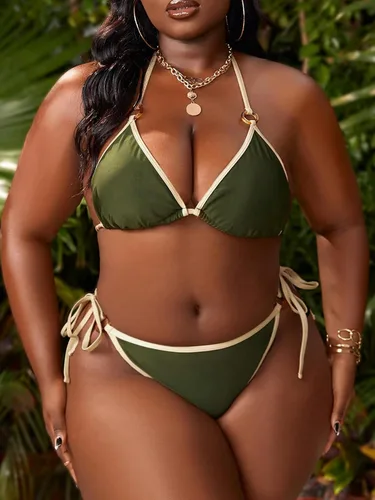 Vista 7 de Floerns Traje de baño de bikini con cuello halter y triángulo lateral para mujer, talla grande