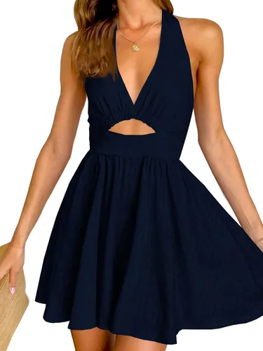 Vista 2 de Inorin Vestido corto de verano para mujer, sin mangas, cuello en V, espalda descubierta, sexy, casual, para fiesta, con vuelo, acampanado