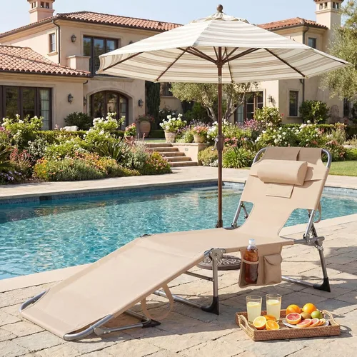 Vista 2 de Tangkula Silla de Bronceado con Orificio para la Cara, Silla Reclinable Plegable y Ajustable para Patio, Playa, Tomar el Sol con Bolsillo Lateral