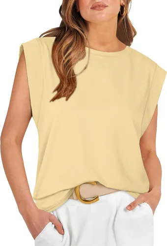 Vista 21 de WIHOLL Camisetas de mangas casquillo para mujer, camisetas básicas de verano, camisetas informales sin mangas, ajuste holgado, a la moda D - Raya