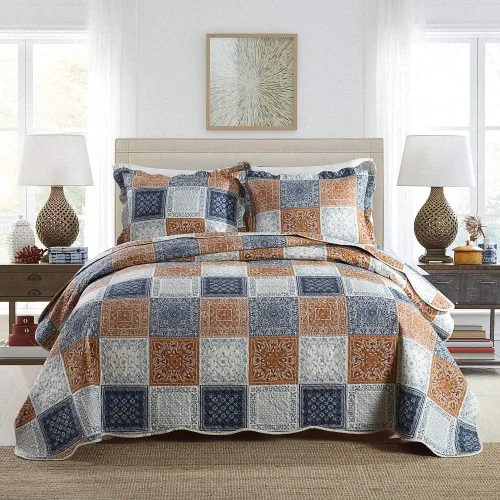 Vista 23 de NEWLAKE Juego de colchas tamaño queen, conjunto de colcha de algodón con diseño de retazos en colores azul y negro con patrones a cuadros, colcha