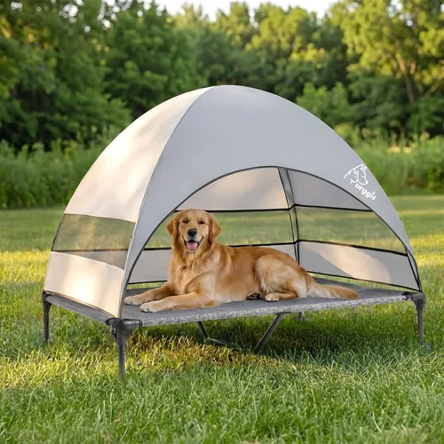 Vista 14 de Cama elevada mejorada para perros con toldo, cama elevada portátil para perros al aire libre con pies antideslizantes estables, cama para mascotas