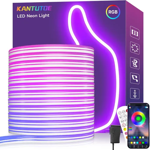 Vista 10 de KANTUTOE Tira de luces LED de neón, tira de luz LED RGB de 13.1 pies, aplicación de sincronización de música de 24 V/control remoto, tira de luces