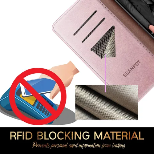Vista 3 de SUANPOT Funda de piel tipo cartera para iPhone 12 Pro Max con bloqueo RFID, tarjetero de crédito, libro de folio magnético de poliuretano