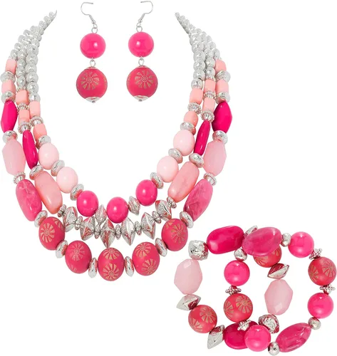 Vista 14 de Bocar Juego de Collar, Aretes y Pulsera de 3 Capas con Cuentas Gruesas, Conjunto de Joyería de Collar de Mujer de Múltiples Capas de Moda Amarillo