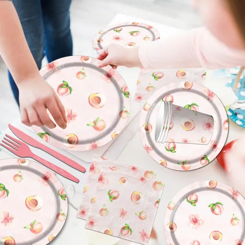 Vista 6 de Suministros para fiesta de cumpleaños de frutas de melocotón, juego de vajilla con temática de cumpleaños de 142 piezas, incluye platos de melocotón