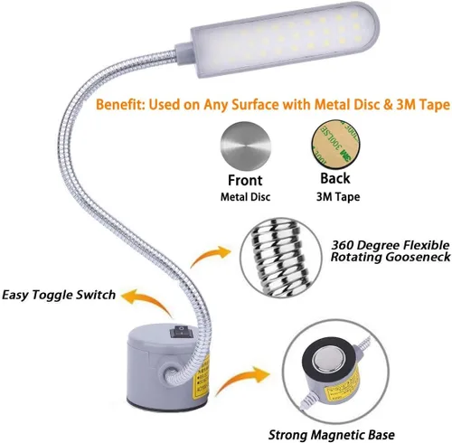 Vista 2 de Lámpara de Luz para Máquina de Coser LED, Luz de Trabajo Magnética 30LED 6W, Lámpara de Coser Multifuncional con Cuello de Cisne Flexible y Base