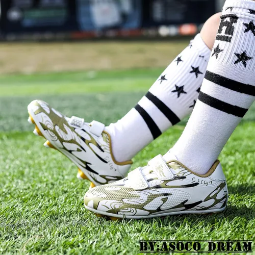 Vista 8 de ASOCO DREAM Zapatos de fútbol para niños y niñas, zapatos de fútbol para suelo firme, para jóvenes profesionales atléticos para exteriores e