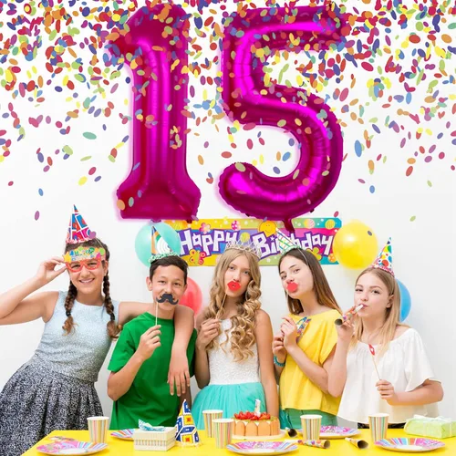 Vista 7 de Globo rosa intenso de 40 pulgadas con el número 15, decoraciones de globos de cumpleaños de 15 para niñas