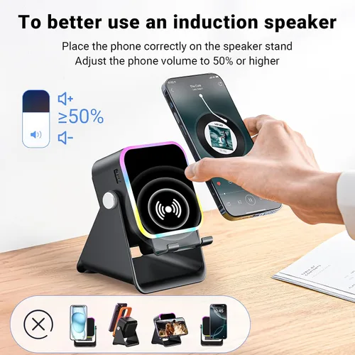 Vista 11 de Altavoz de inducción con soporte para teléfono 5 en 1 Audio inalámbrico de inducción Bluetooth para iPhone Android Altavoz con amplificador con luz