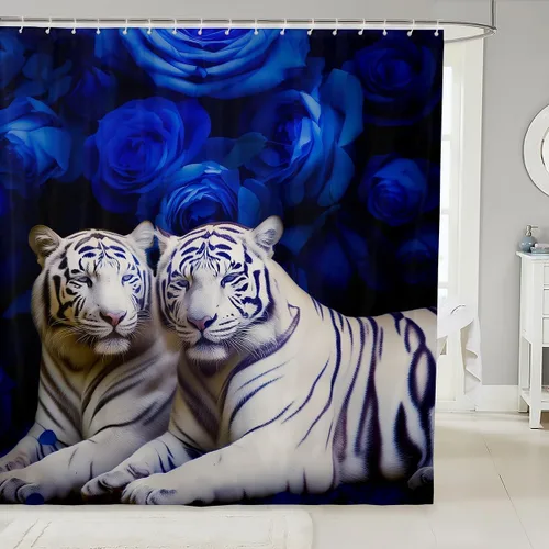 Vista 20 de Cortina de ducha con estampado de leopardo y gato con rosas rojas, 72 pulgadas de ancho x 72 pulgadas de largo, juego de cortina de ducha con flores