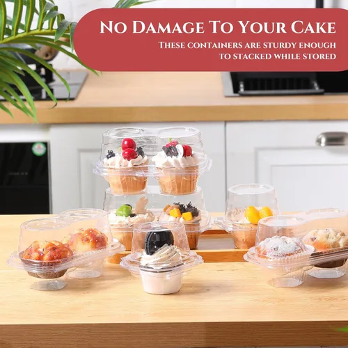 Vista 6 de Tanlade 100 cajas de 2 cavidades para cupcakes, 200 tazas para hornear, 2 compartimentos, recipientes de plástico transparentes apilables