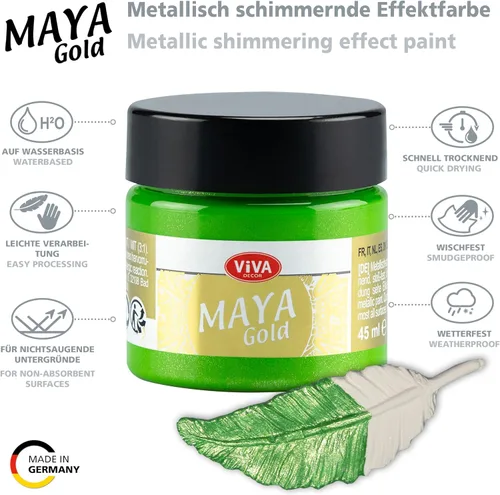 Vista 3 de Viva Decor Maya Gold (verde manzana) 1.52 onzas líquidas - Pintura acrílica metálica brillante para trabajos creativos en madera, vidrio