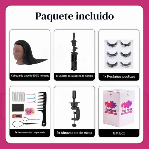 Vista 7 de Cabeza de maniquí de 18 pulgadas de cabello humano con soporte - Cabeza de maniquí 100% cabello real para práctica de maquillaje, cabeza de muñeca