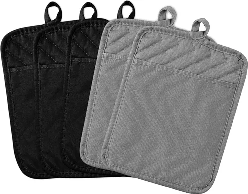 Vista 10 de Juego de 5 agarraderas de algodón con bolsillo para cocina, resistentes al calor, lavables a máquina, almohadillas calientes, guantes de horno a