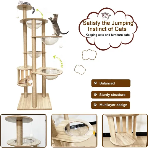 Vista 5 de Árbol para gatos de 183 cm para gatos de interior, grande para adultos, con 4 cuencos, 12 postes de rascar de sisal, 1 jaula para gatos, posadero