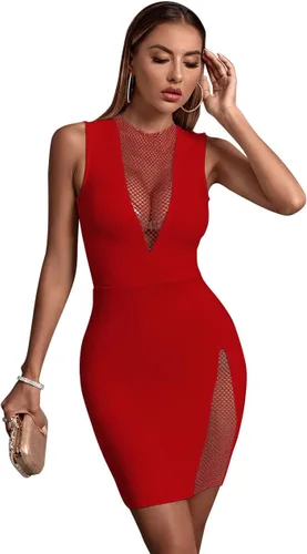 Vista 4 de UONBOX Vestido corto de fiesta con cuello en V para mujer, sin mangas, con abertura