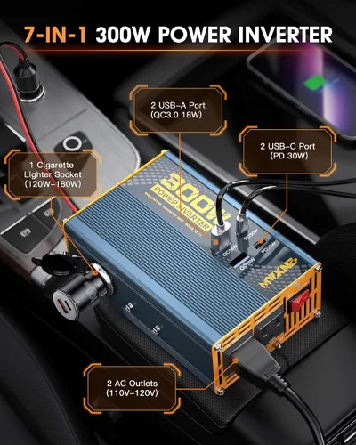 Vista 2 de Inversor de corriente de 300 W DC 12 V a 110 V Adaptador de CA con dos salidas de CA/2 puertos USB PD30W USB-C/2 QC18W/1 toma de encendedor