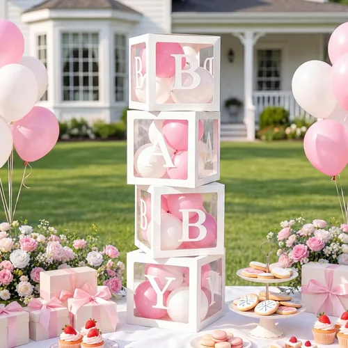Vista 9 de RUBFAC Cajas de bebé con letras para baby shower, 4 piezas estilo rústico de granja bohemia con asa de arpillera y grano para decoración