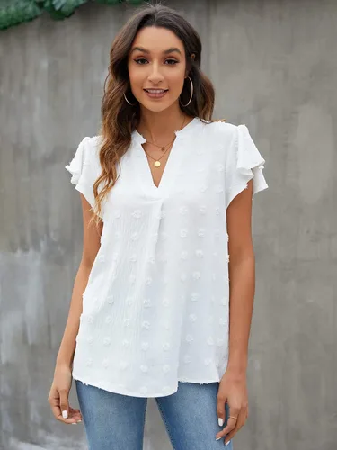 Vista 2 de Blooming Jelly Blusa blanca para mujer cuello en V manga con volantes camisas fluidas elegantes casuales lindas camisetas de verano