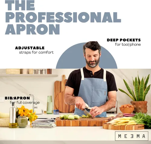 Vista 3 de MEEMA Delantal de chef con bolsillos, talla única, delantales ajustables reciclados para mujeres y hombres, para cocinar, hornear, asar a