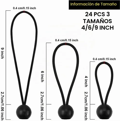 Vista 2 de NODG 24 piezas de bolas elásticas negras de 4, 6, 9 pulgadas, cuerdas elásticas de lona de alta resistencia, cuerda elástica de 0.157 in de grosor