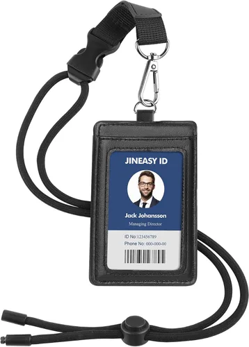 Vista 6 de JINEASY ID Soporte para tarjetas de identificación de cuero, soporte vertical para tarjetas de identificación, funda protectora de credencial negra