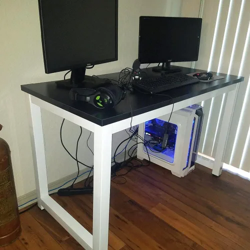 Vista 7 de G-PLUS Escritorio de computadora, mesa para computadora portátil, escritorio de computadora de madera resistente para dormitorio, estilo moderno