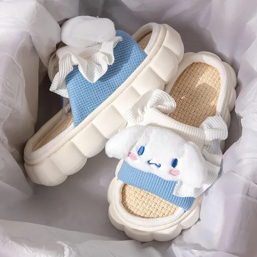 Vista 2 de CASASO Kawaii Slippers Cute Furry Slides - Cartoon Womens Four Seasons Home Linen Slippers Mute Linen Slides Indoor House Home Shoes For Women Men