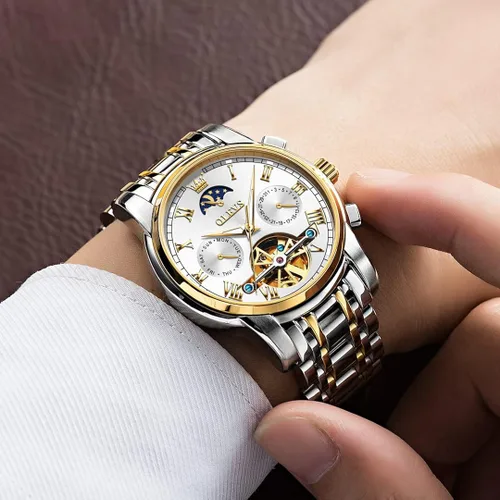 Vista 2 de OLEVS Relojes automáticos para hombre diseño de esqueleto Tourbillon cuerda automática de lujo a la moda reloj de pulsera fase lunar día fecha