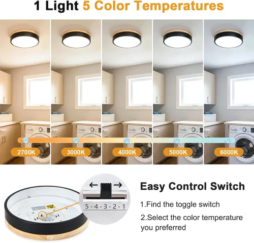 Vista 3 de Moderna lámpara de techo de madera regulable, lámpara de techo redonda negra LED empotrada, lámpara de techo minimalista para cocina, dormitorio