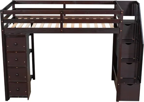 Vista 4 de Quarte Cama tipo loft única con cajones de almacenamiento y escaleras, cama alta de madera tamaño individual con estantes y barandillas, para niños