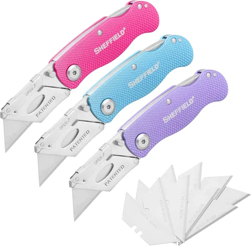 Vista 14 de Sheffield 12514 Cuchillo Utilitario Plegable Paquete de 3, Rellenos para Calcetines, Regalos para Hombres, Regalos para Papá, Hojas de Cuchillo