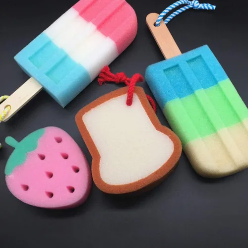 Vista 3 de Esponja de baño, 4 piezas de helado para ducha, cuerpo esponjoso, esponja para niñas (color aleatorio)