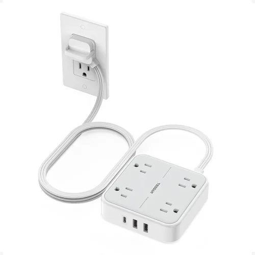 Vista 11 de TESSAN Cable de extensión plano protector de sobretensiones de 1 pie, regleta de enchufe con anillo con 4 tomas, 3 puertos USB (1 USB C), protección