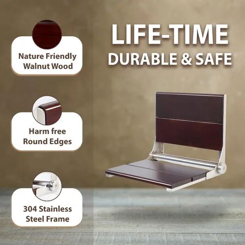 Vista 5 de Asiento de ducha plegable montado en la pared con respaldo Capacidad de carga máxima de 500 libras Asiento de ducha de teca compatible con ADA