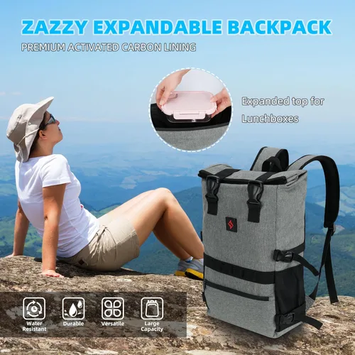 Vista 4 de zazzy Mochila con candado, mochila de viaje, mochila de viaje para hombres y mujeres, Negro expandible, Mochila