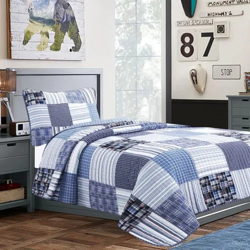 Vista 16 de Juego de ropa de cama de algodón con retazos reales a rayas azul marino, colcha reversible, colcha (Denim, Queen, 3 piezas)