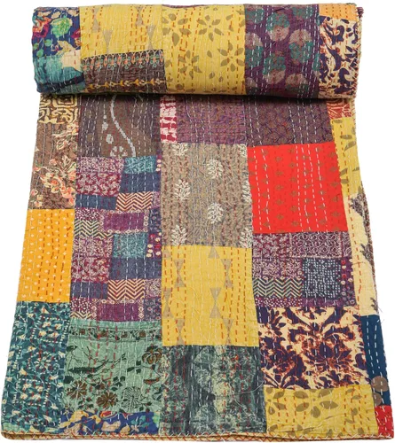 Vista 10 de Marubhumi Colchas hechas a mano tradicional de algodón puro con estampado de cachemira Kantha, funda de cama reversible con estampado de cachemira