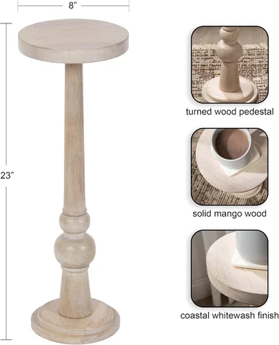 Vista 3 de Kate and Laurel Wegner Coastal Mesa Redonda de Madera para Bebidas, 8 x 23 pulgadas, Blanqueado, Mesa de Pedestal Elegante y Duradera para Usar como