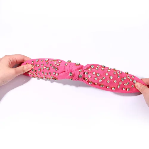 Vista 6 de Diadema anudada de cristal para mujer, diadema de nudo ancho adornado con cristal, diadema de moda para mujer, accesorios para el cabello Rosa Rojo