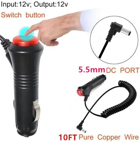 Vista 2 de Adaptador de fuente de alimentación para encendedor de cigarrillos de coche 12V/24V, enchufe macho, cable de extensión de 3 m con botón
