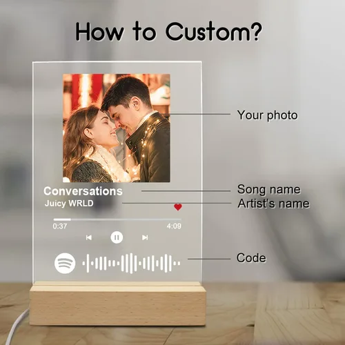 Vista 4 de Canción acrílica personalizada con foto, placa de música transparente personalizada, cubierta de álbum de fotos personalizada, luz nocturna
