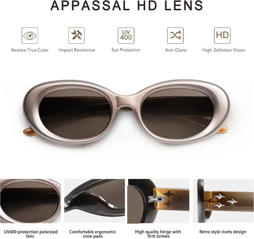Vista 4 de Appassal Gafas de sol ovaladas retro para mujer, estilo vintage, montura redonda, AP3656