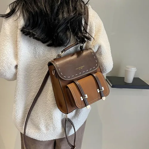 Vista 2 de Mochilas de cuero de la PU de los estilos coreanos de la vendimia para las mujeres del bolso del hombro suave del bolso ergonómico Day, Color café