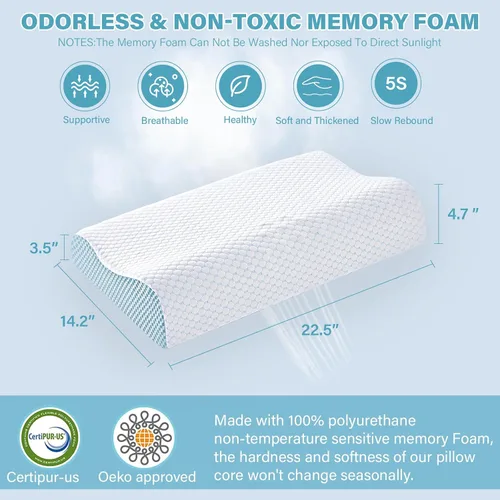 Vista 5 de Paquete de 2 almohadas de espuma viscoelástica para el cuello, almohada de apoyo para el cuello para aliviar el dolor, almohada cervical ergonómica