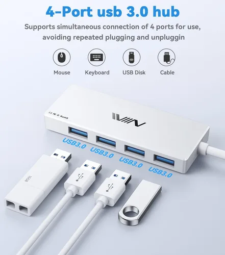 Vista 2 de Hub USB 3.0, Adaptador Portátil Extensor Divisor de 4 Puertos USB Hub de Datos Multipuerto para Laptop, Xbox, Unidad Flash, HDD, Consola, Cámara