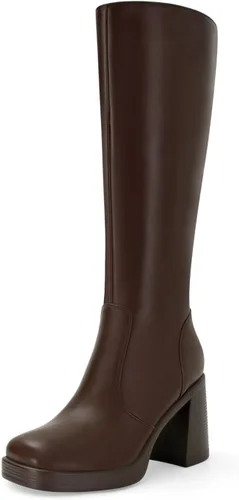 Vista 14 de SOVANYOU Botas de cuero negro Botines de plataforma para mujer Botas de tacón cuadrado con plataforma Botas de tacón grueso con punta cuadrada Botas