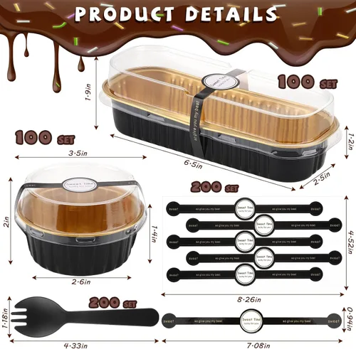 Vista 2 de Suclain 600 piezas de mini moldes para pan negros y dorados con tapas y cucharas, calcomanías de sellado de 6.8 onzas, papel de aluminio desechable